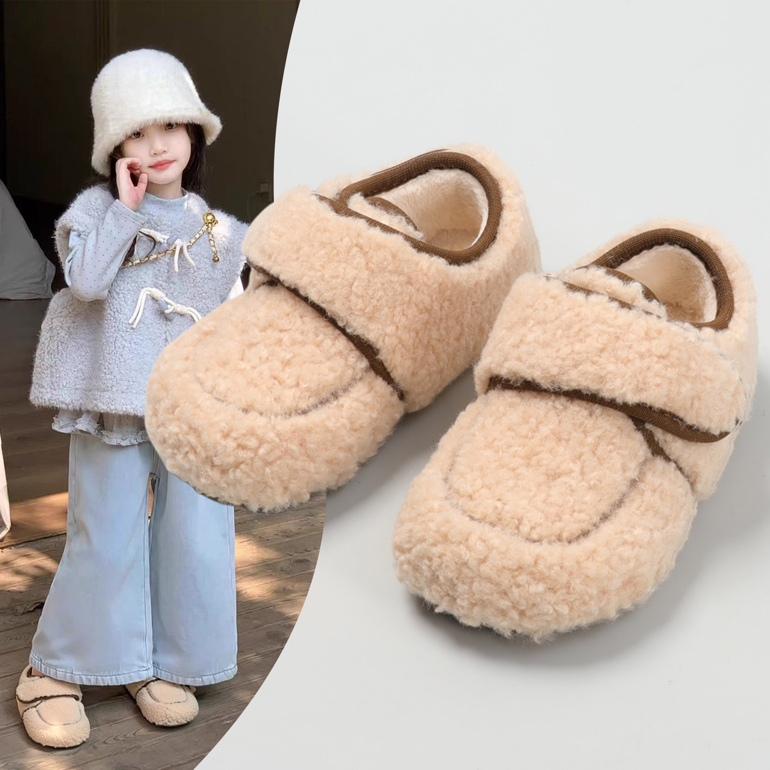 女童毛毛鞋加绒2025冬季新款保暖二棉鞋魔术贴软底女孩儿童豆豆鞋,童鞋/婴儿鞋/亲子鞋,棉鞋,淘宝优惠券,粉丝福利购,淘宝优惠卷