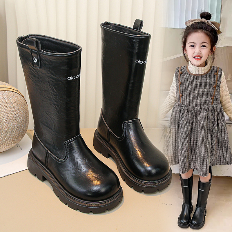 2025皮带扣骑士靴女童加绒棉靴