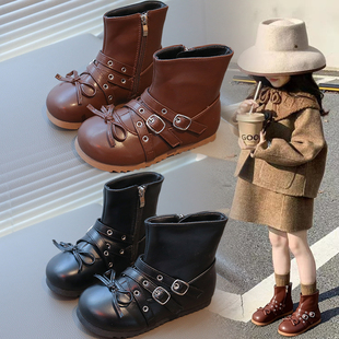 女童鞋子马丁靴2025冬季新款公主风软底儿童靴子加绒女宝宝短皮靴