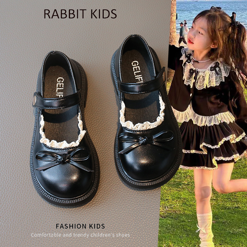 春秋女童蕾丝边玛丽珍蝴蝶结皮鞋
