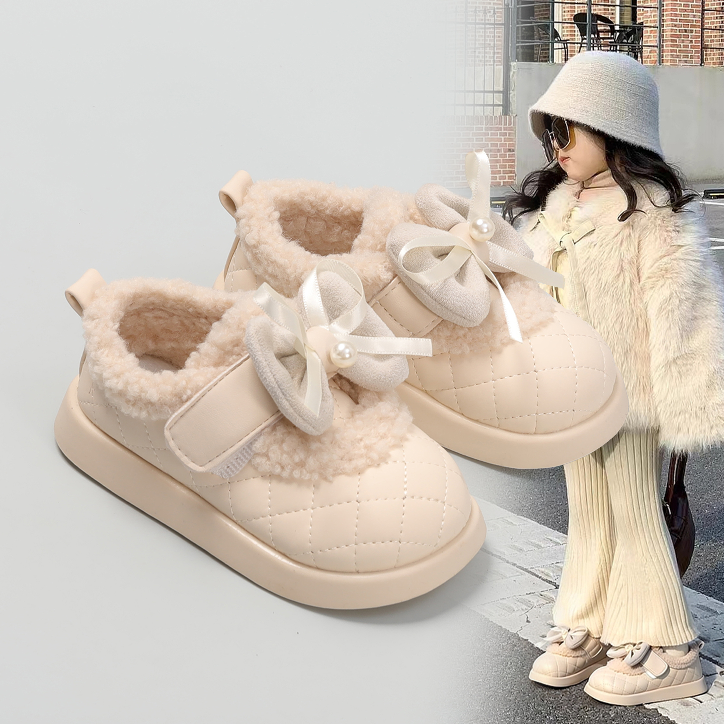 儿童棉鞋2025冬季新款女童加绒保暖宝宝鞋小公主蝴蝶结软底棉靴潮