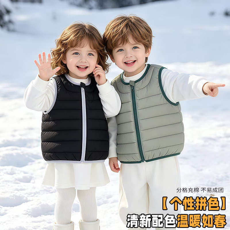 新款男童女童保暖拉链棉马儿童洋气拼色糖果色可爱宝宝马甲棉内搭
