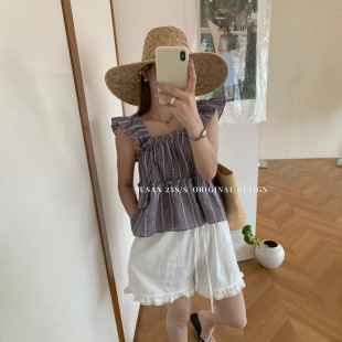 條紋方領(lǐng)小衫 女夏季 法式 新款 小個子百搭上衣女Q5271 飛飛袖 蘇珊