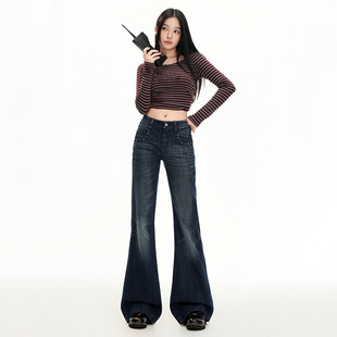 秋冬复古高腰喇叭牛仔裤女修身显瘦弹力百搭裤子