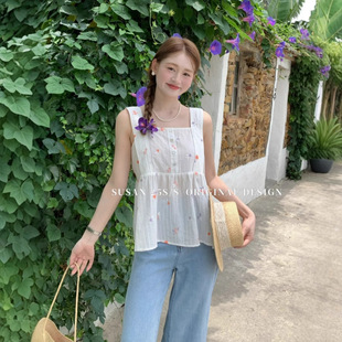 新款 苏珊 女夏季 韩系甜美方领无袖 设计感洋气上衣25851 背心衬衫