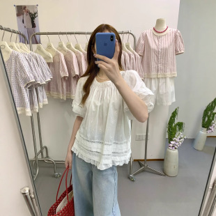 女夏季 寬松短袖 法式 小眾娃娃衫 上衣H7213 別致漂亮刺繡襯衫 蘇珊