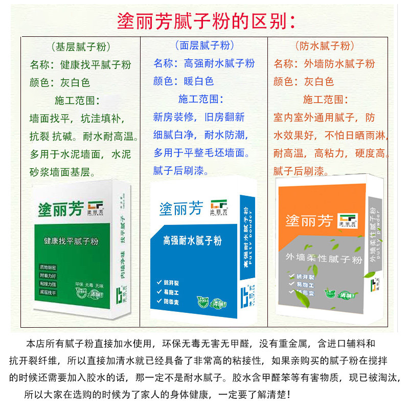 涂丽芳内墙腻子粉防水防潮墙壁抗裂外墙腻子室外找平石膏大包30斤