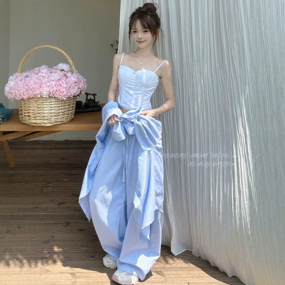 春夏款浅蓝色运动套装女2026年夏季甜辣风吊带阔腿裤两件套女装潮