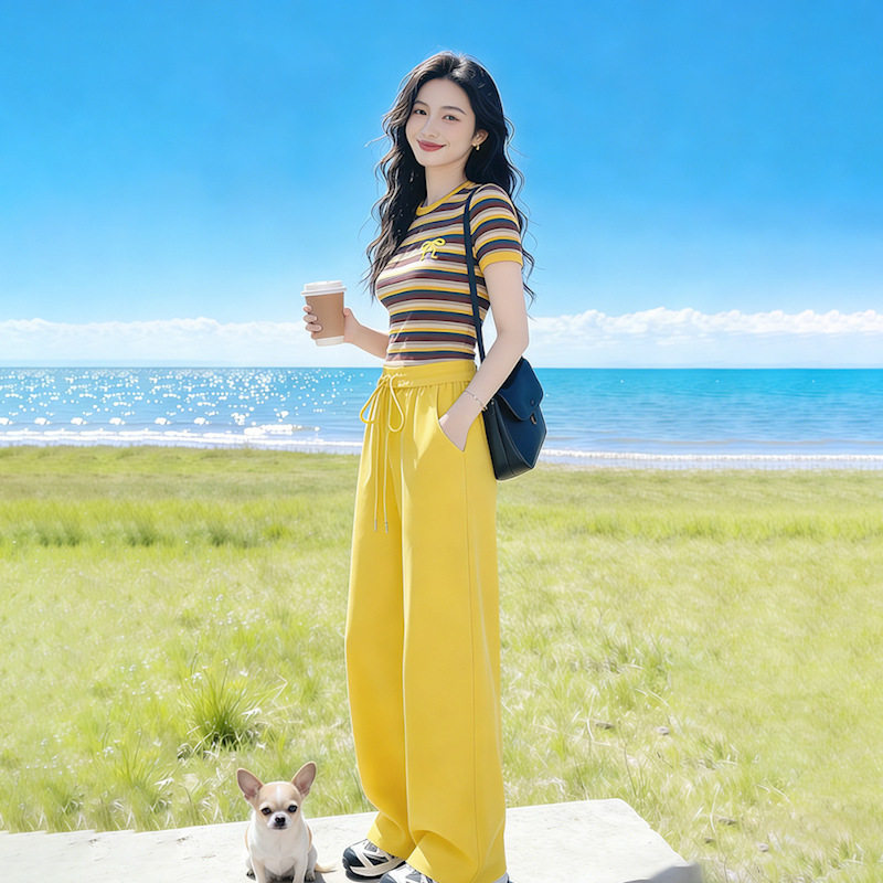 春夏款条纹T恤黄色阔腿裤运动套装女2026年夏季百搭休闲两件套潮