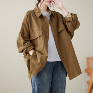 工装 衬衣秋季 复古衬衫 女装 外套休闲宽松百搭大码 帅气港风中长款