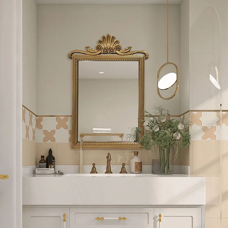 法式壁炉壁挂雕花装饰镜轻奢复古家用浴室镜智能现代LED化妆镜子