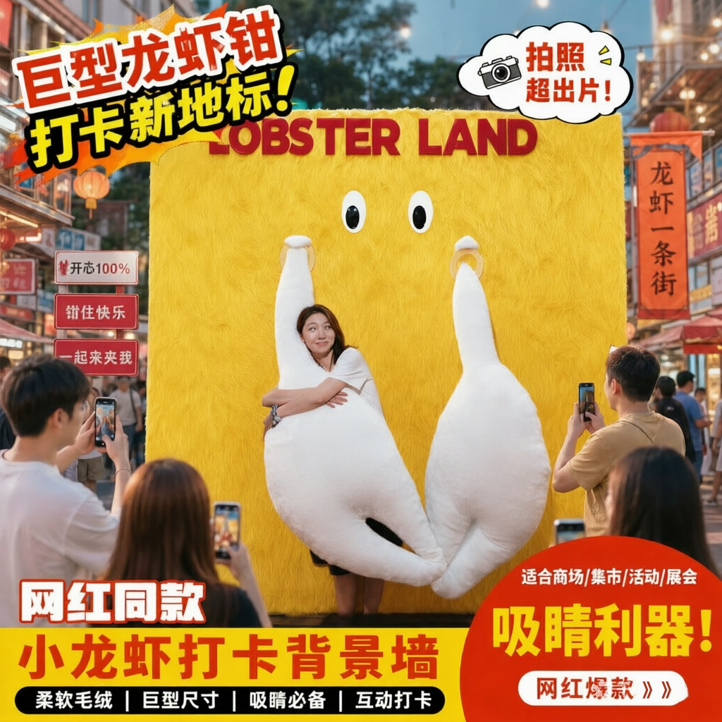 巨型毛绒小龙虾钳互动拍照道具夜市美食节引流网红打卡商场美陈