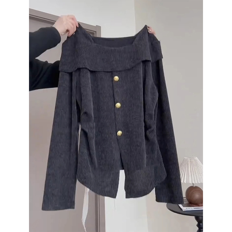 大码法式方领长袖针织衫女秋季胖mm遮肚显瘦不规则开叉打底衫上衣