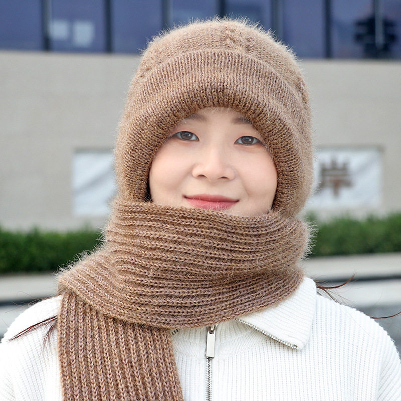 一体加厚加绒风雪帽女秋冬洋气松鼠绒毛线编织户外防风保暖网红帽