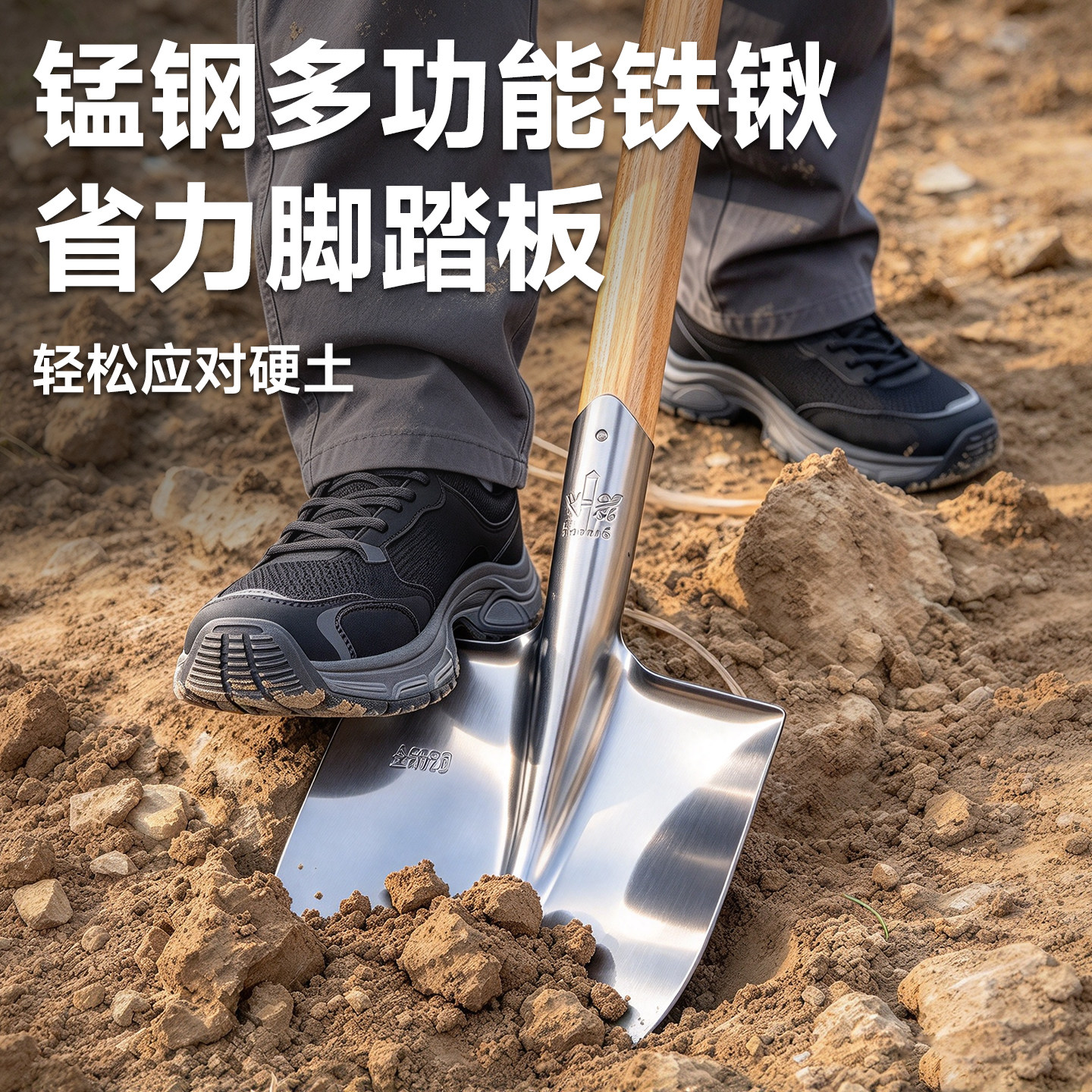 加厚锰钢铁锹挖土家用铁铲子木柄把农村平尖方头铁锨种菜除雪工具
