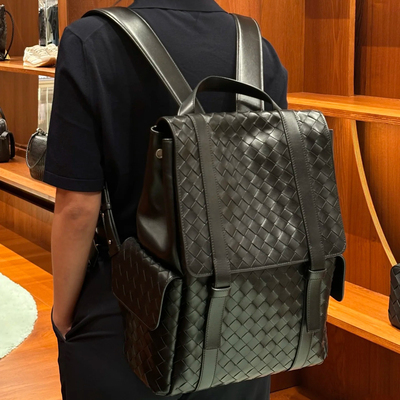 B家手工牛皮编织真皮女包back to school男女双肩背包旅行电脑包
