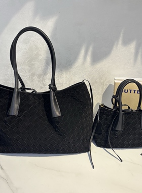 B家头层牛皮手工编织真皮女包Pinacoteca麂皮绒手提托特包购物袋