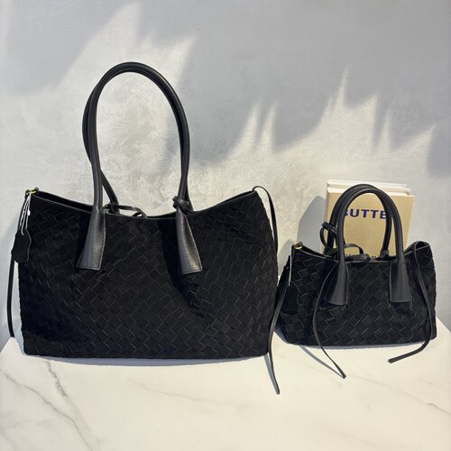 B家头层牛皮手工编织真皮女包Pinacoteca麂皮绒手提托特包购物袋