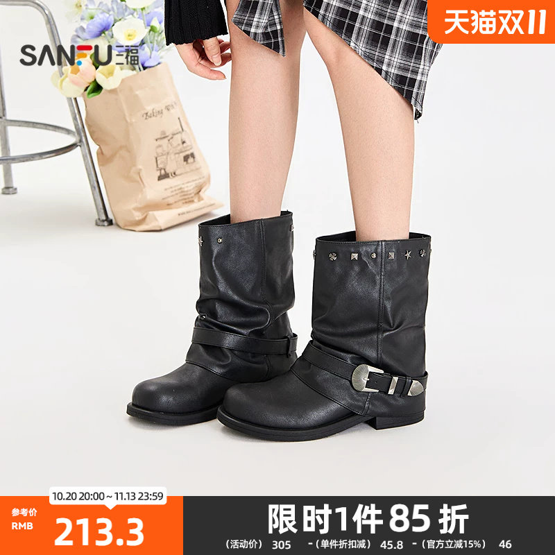 三福女靴鞋秋季复古机车风条带扣子圆头休闲短靴女鞋861516