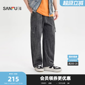 宽松直筒裤 三福2026春季 口袋抽绳休闲裤 洗水工装 子521794 男士