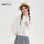 三福长衬衫 521277 上衣女装 2026夏季 绑带荷叶花边圆领小喇叭袖