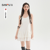 三福连衣裙2026春季 蝴蝶结绑带口袋圆领花苞裙子女装 520492