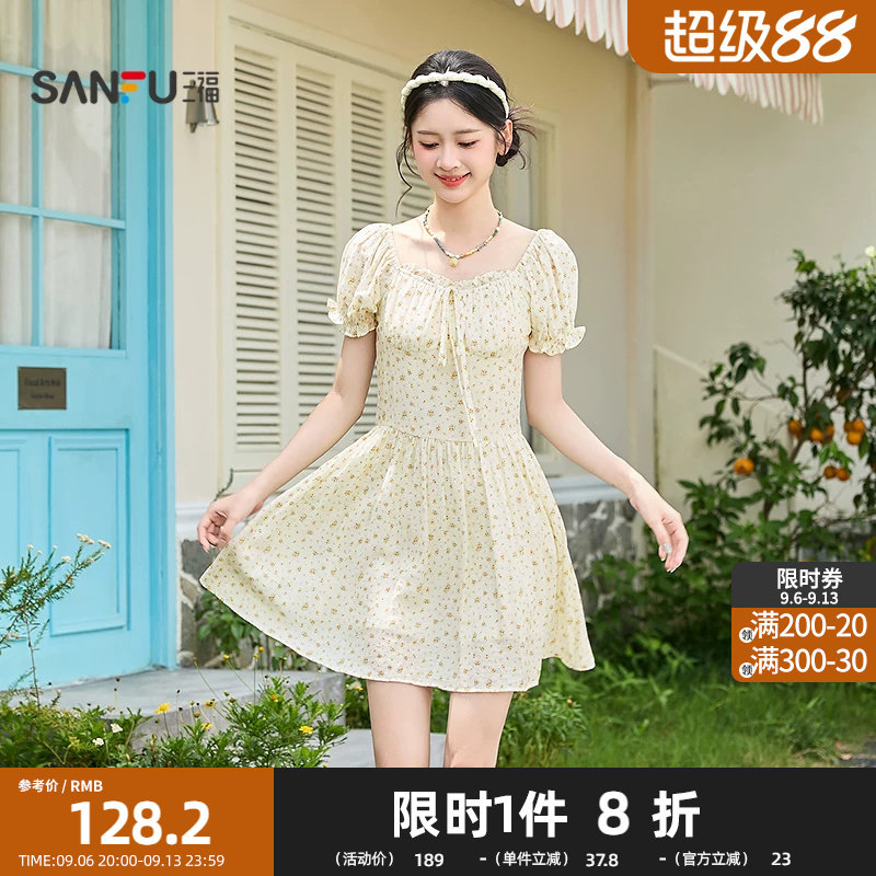 三福连衣裙2026夏季泡泡袖绑带碎花收腰清新裙子女装522021图片