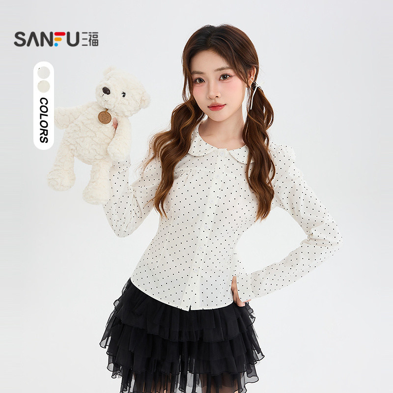 三福衬衫2026秋季后背绑带收腰翻领设计长袖上衣女装531715图片