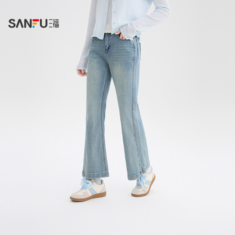 三福牛仔裤2026夏季开叉喇叭裤脚纽扣腰头长裤女装518262,女装/女士精品,牛仔裤,淘宝优惠券,粉丝福利购,淘宝优惠卷
