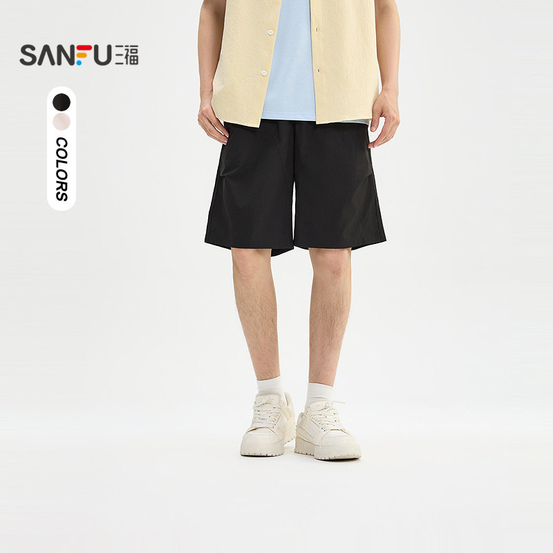 三福2026夏季男士小英文抽绳中裤 宽松休闲橡筋腰裤子525244
