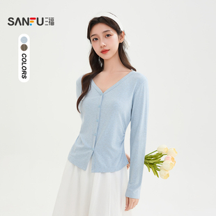 三福长T恤2026春季褶皱收腰简约V领开叉下摆上衣女装514412