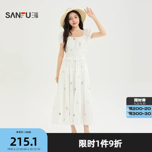 三福气质度假风连衣裙2026夏季长裙泡泡袖碎花a字收腰裙子女5241