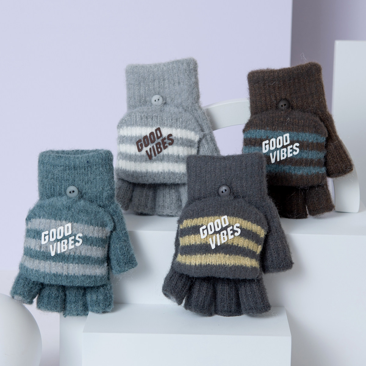 儿童手套男童半指翻盖冬季保暖小学生写字防冻手五指露指毛线针织