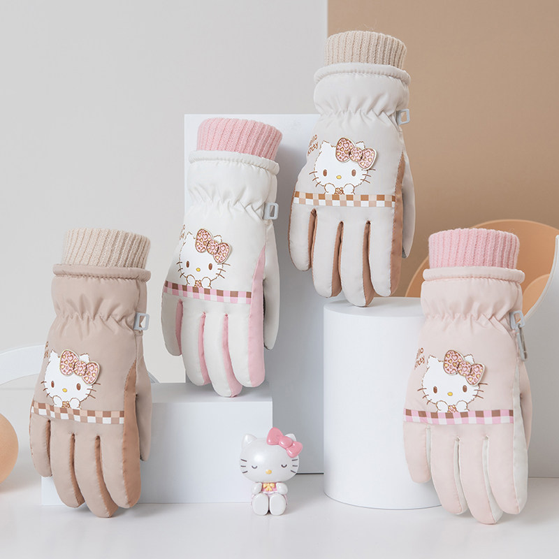 Hellokitty儿童滑雪手套女孩宝宝3-6岁5防水五指冬保暖加绒凯蒂猫