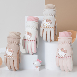 Hellokitty儿童滑雪手套女孩宝宝3-6岁5防水五指冬保暖加绒凯蒂猫