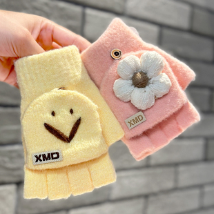 儿童手套冬季保暖半指翻盖女孩小学生写字防寒防冻女童露五指半截