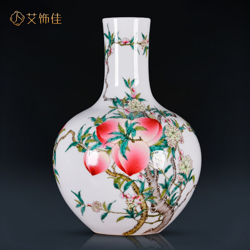景德镇陶瓷器仿古大号手绘粉彩九桃天球花瓶中式客厅玄关装饰摆件,家居饰品,花瓶,淘宝优惠券,粉丝福利购,淘宝优惠卷