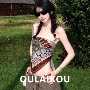 韩版几何印花丝巾抹胸背心女春夏季复古性感纯欲海边度假方巾上衣