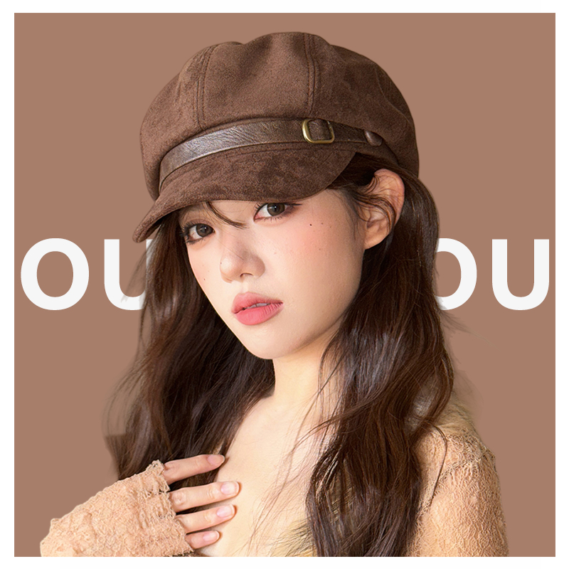 高品质显脸小女皮带八角报童帽子