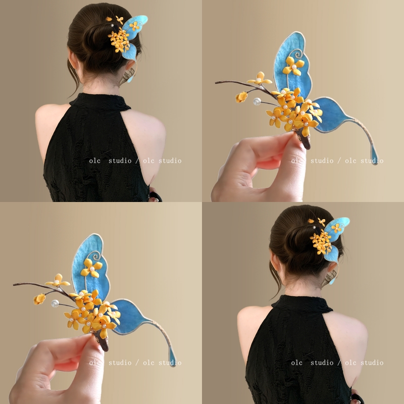 碧海坠蝶~古风蓝色蝴蝶发夹