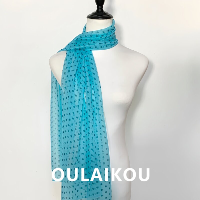 韩系气质蓝色波点丝巾系脖女2025新款薄款高级感长条纱巾拍照配饰