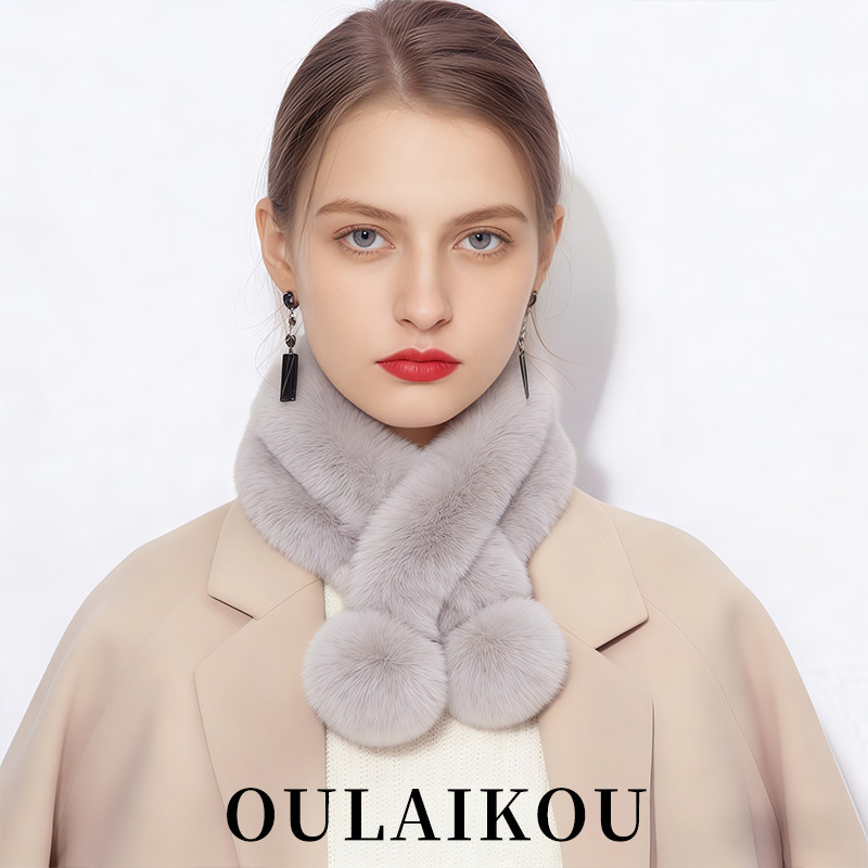 高品质定制毛毛围巾冬季仿獭兔毛交叉球球皮草围脖女ins保暖毛领