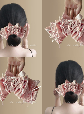 “洛可可玫瑰”巴洛克浪漫法式丝绒蝴蝶结花朵发夹高级感后脑勺发