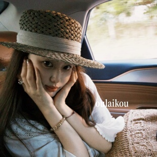 老钱风复古咸草编织平顶草帽女夏海边度假沙滩防晒遮阳帽气质礼帽