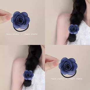 墨蓝山茶！蓝色玫瑰花朵发圈！婉约布艺发绳皮筋头绳头饰旅行发卡
