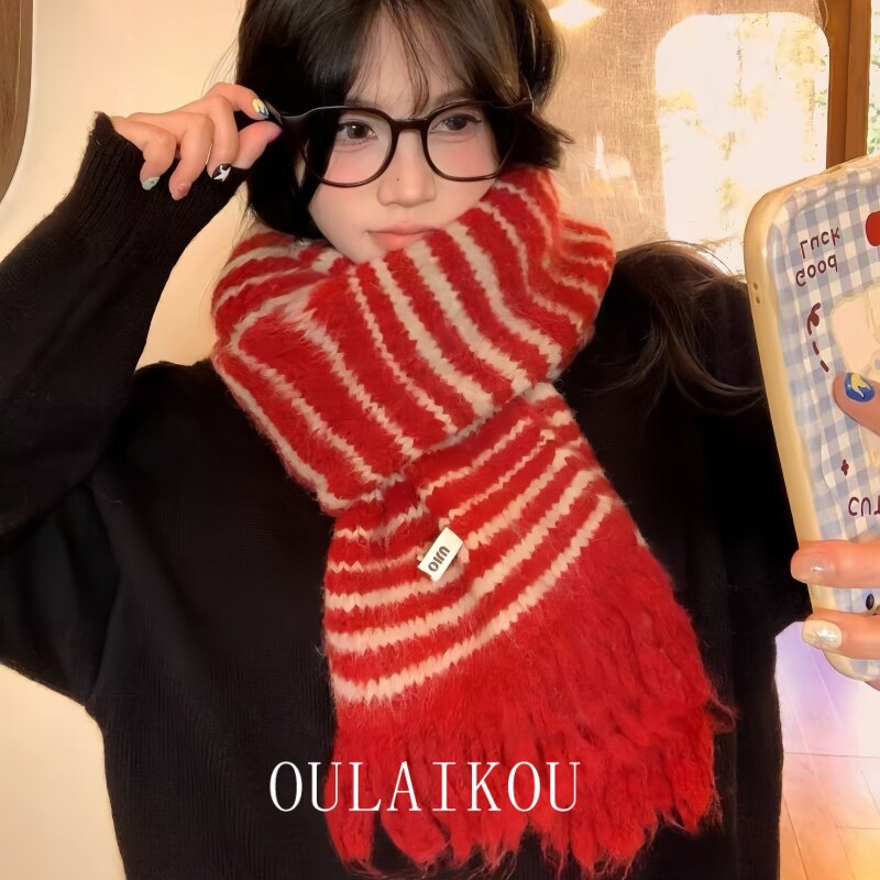 韩系红色条纹针织毛线围巾氛围感