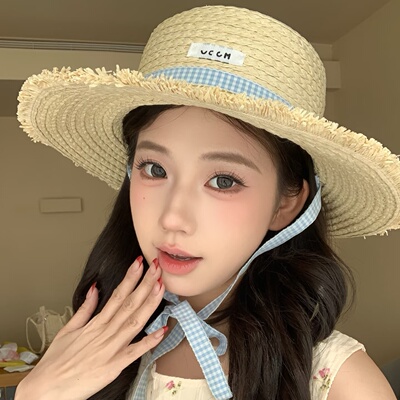 法式平顶系带草帽女夏季海边度假