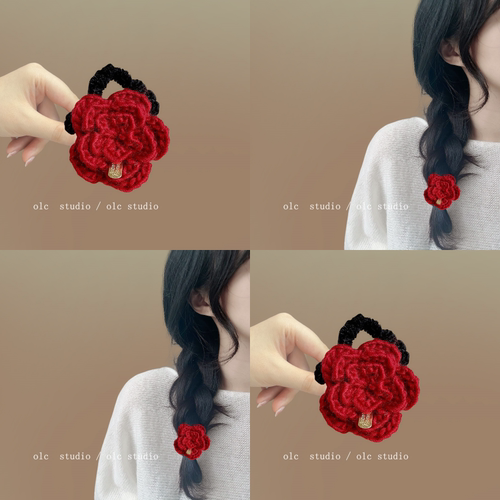 毛线金标红抓夹！针织红花发圈