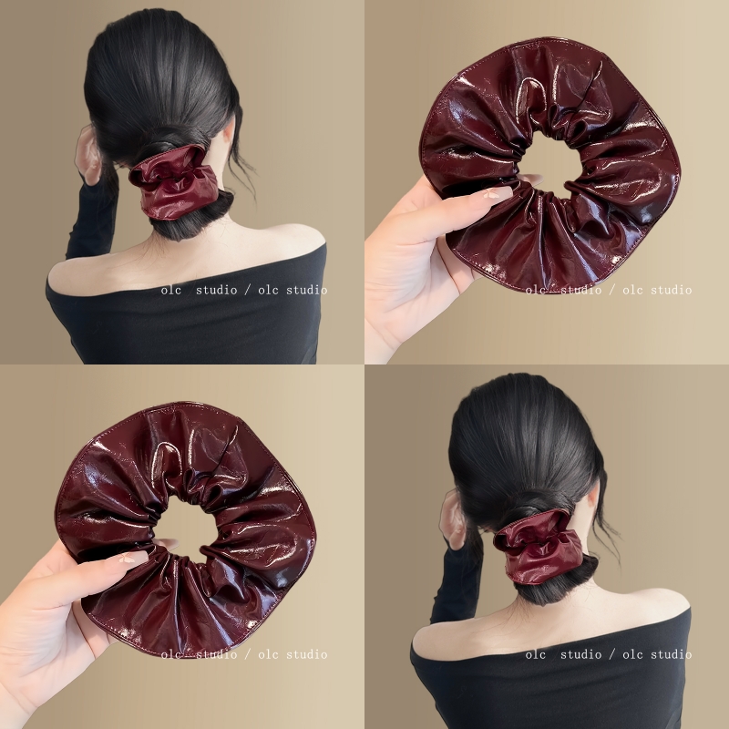 微醺红酒~高级感复古酒红色光感皮质大肠发圈新款扎马尾旅行头绳