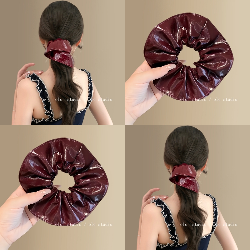 微醺红酒~高级感复古酒红色光感皮质大肠发圈新款扎马尾盘发头绳